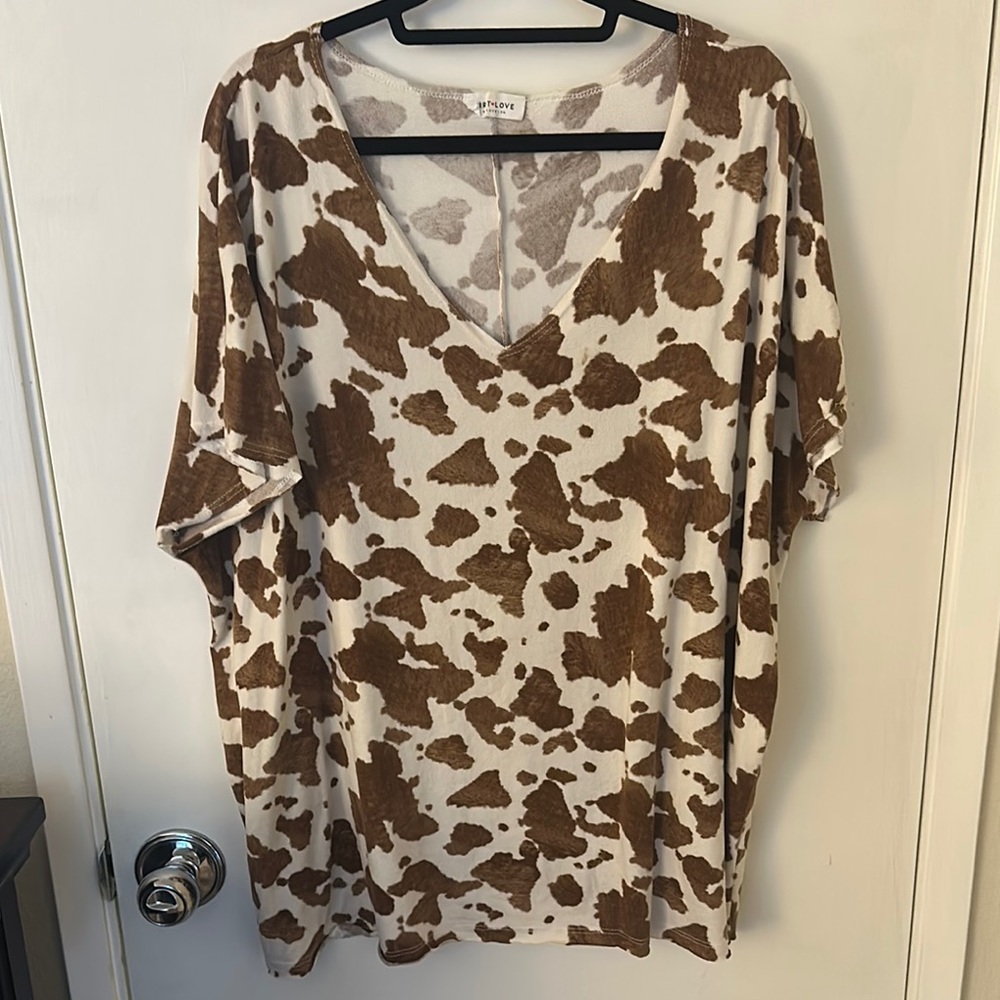 First Love Oversized Brown and White Short Sleeve Blouse